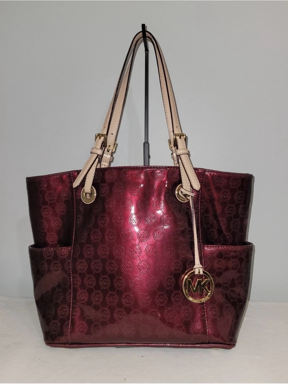 Michael Kors Burgundy Tote Bag Monogram Patent Leather Triple Compartment